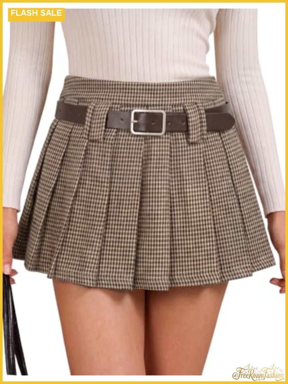 Women's High Waisted Pleated A-Line Mini Skirt with Belt